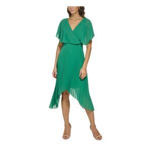 KENSIE DRESSES Womens Green Handkerchief Hem Lined Flutter Sleeve Midi Dress 4